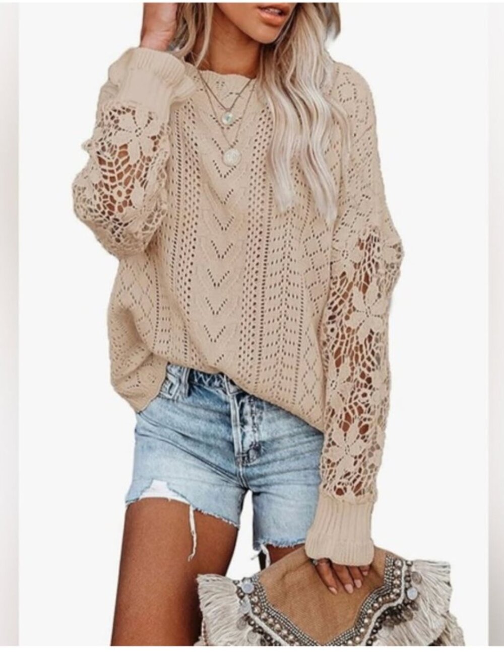 Women's Pointelle Crochet Cable Lace Sleeve Sweater "NWOT" TAN Size Large